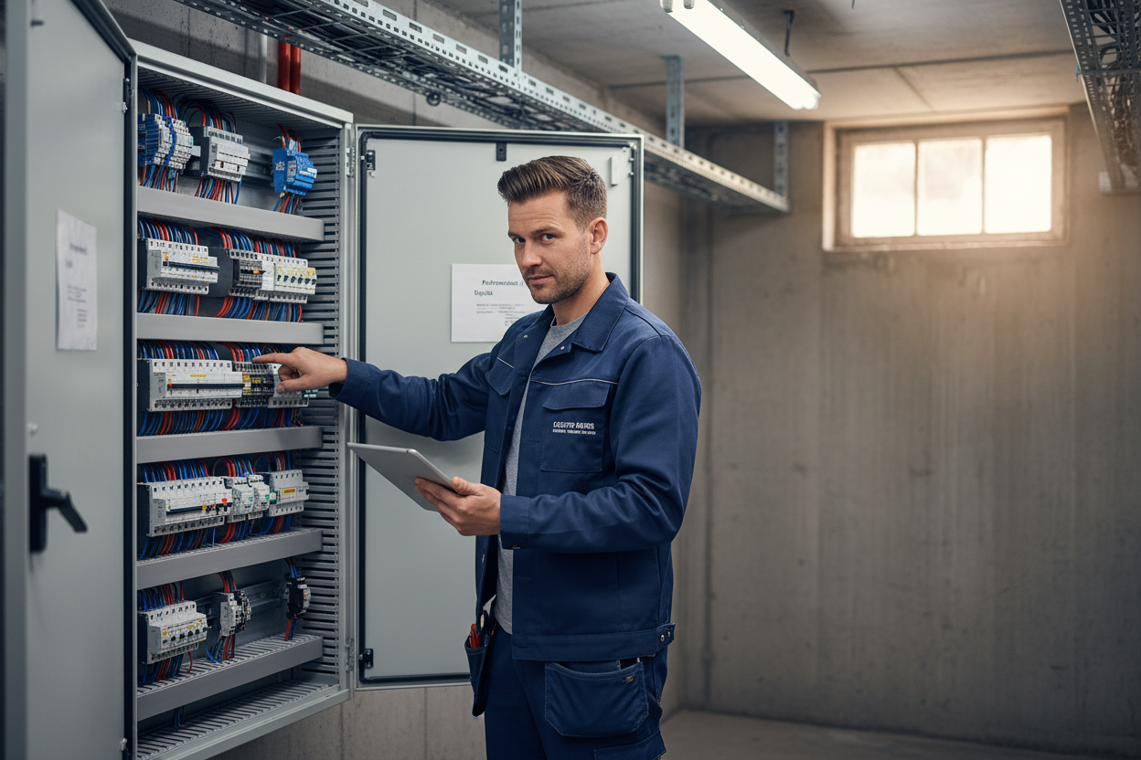 Prüfer mit Tablet bei der Arbeit